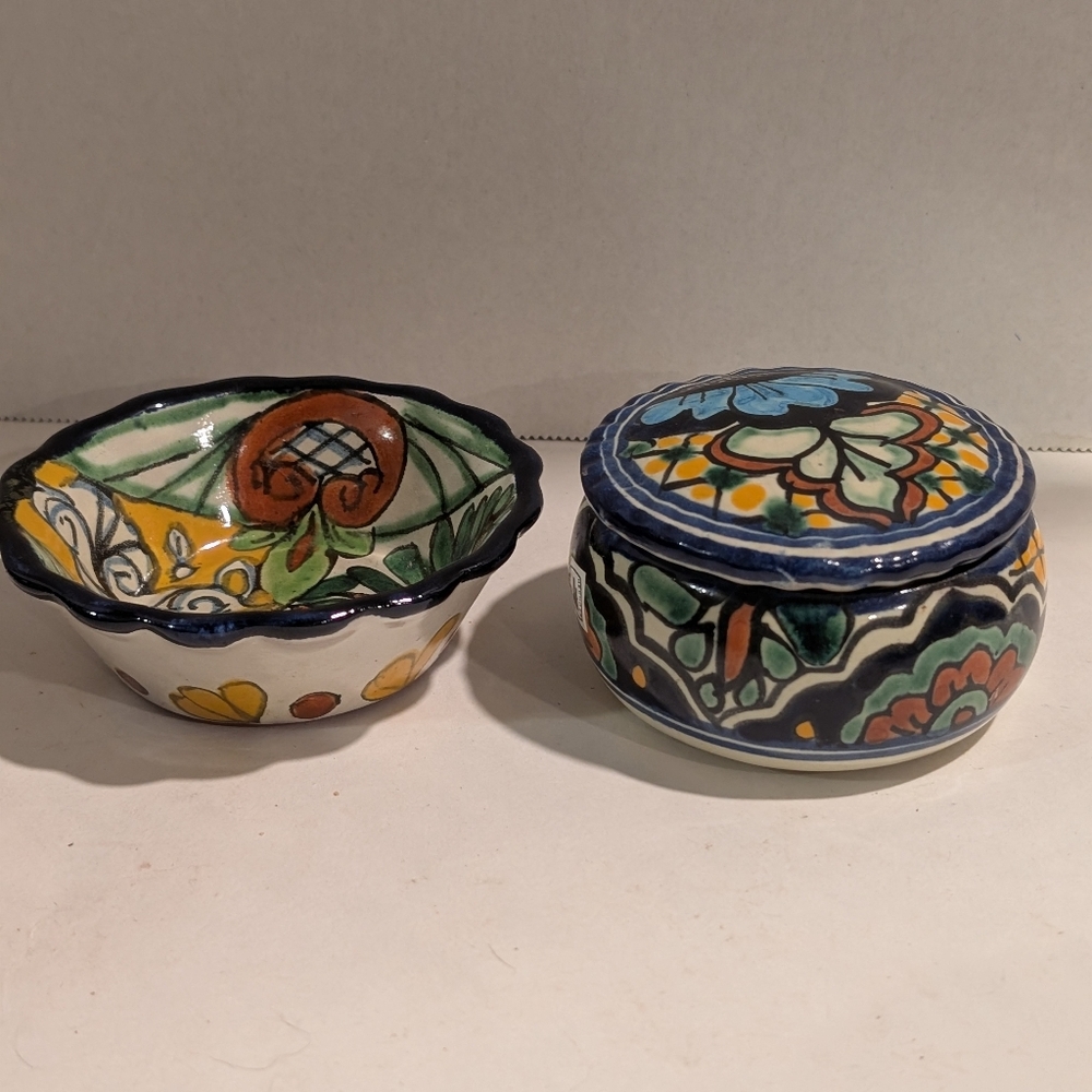 2 pieces of hand-painted Mexican Talavera pottery a bowl and a trinket box.